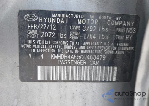 2012 Hyundai Elantra Limited (Ulsan Plant) from USA, damaged, VIN KMHDH4AE5CU463479